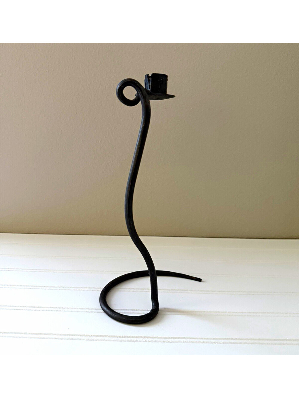 Vintage Hand Forged Wrought Iron Taper Candle Holder Minimalist Brutalist